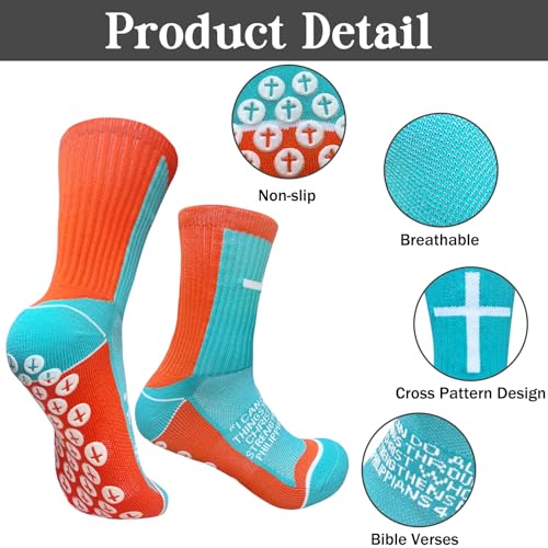 3 Pairs Cross Socks with Bible,Philippians 4: 13 Christian Socks US 6-13, Grip Sport Sock for Football, Soccer, Gym - color: Blue