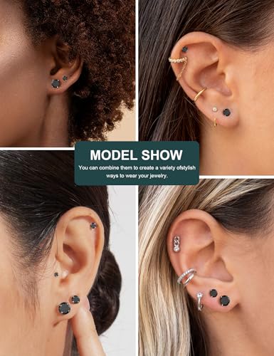 6 Pairs Hypoallergenic Cubic Zirconia Earrings Surgical Steel Flat Back Studs for Cartilage, Screw Back Fashion Jewelry - color: A-014-Black