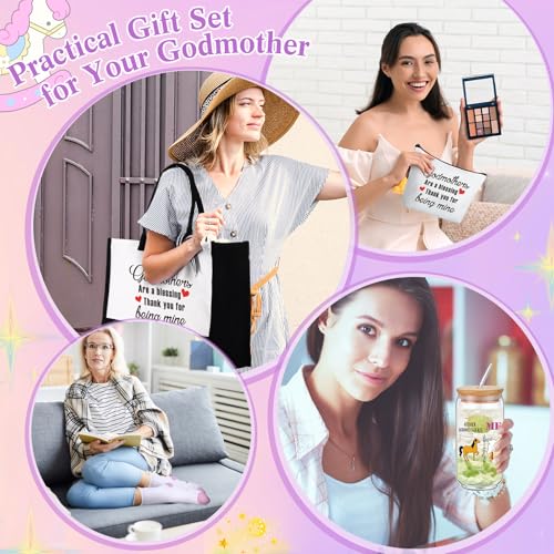 Pickmesh 7 Pack Godmother Gifts for Women Birthday, God-mother Appreciation Gifts from Godchild, Godmother Are a Blessing Tote Bag, Makeup Bag, 16 oz Glass Cup, Socks, Card, Stone Bracelet with Box - style: Godmother