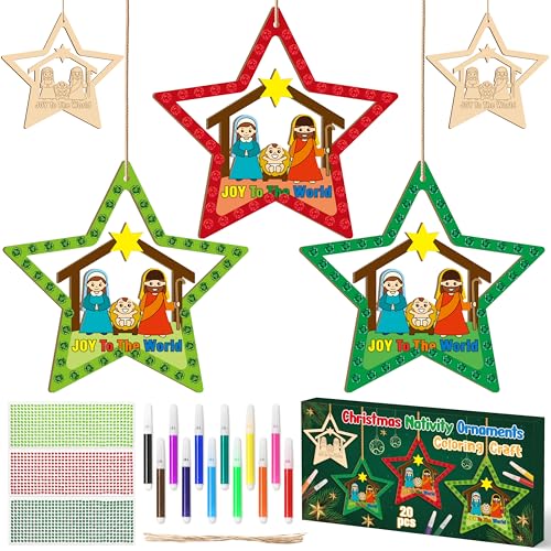 BeYumi Christmas Wooden Star Craft - 20Pcs DIY Wooden Star Ornaments Craft Kit for Kids Make Your Own Nativity Stars Christian Religious Xmas Craft with Gem Sticker Church Party Decoration Supplies - style: Star