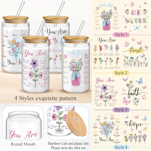 Mumufy 4 Pack Christian Flower Glass Cup, 16 oz Tumbler Mug with Bamboo Lid - style: Christian Flower