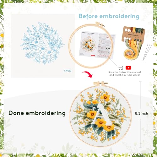 Zerzsy 7.87 '' Embroidery Kits Plant Flower Leaf English Letter Patterns for Beginners Adults, Easy to Learn Cross Stitch Kit for Home Office Decor - color: Letter A