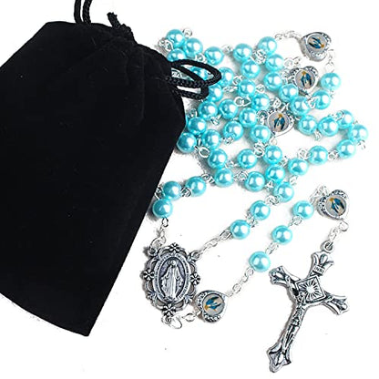 HanlinCC Catholic Miraculous Rosary Glass Pearl Beads Pray Card & Gift Bag - color: Blue