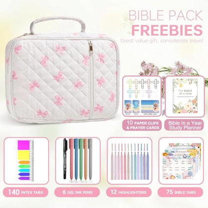 Bible Cover Set with Handle, Large Quilted Bible Bag for Women Girls, Bible Study Supplies Kit with Tabs, Pens, Sticky Notes, Study Planner & Scripture Cards, Christian Gifts for Devotional Journaling