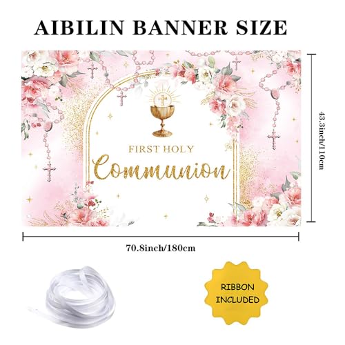 AIBIIN First Holy Communion Backdrop for Girl Mi Primera Comunión Party Decorations Pink and Elegant Floral Party Banner Flower Garland Dove Bible God Bless Party Photo Props 6x3.6ft - color: Pink, size: 6x3.6ft
