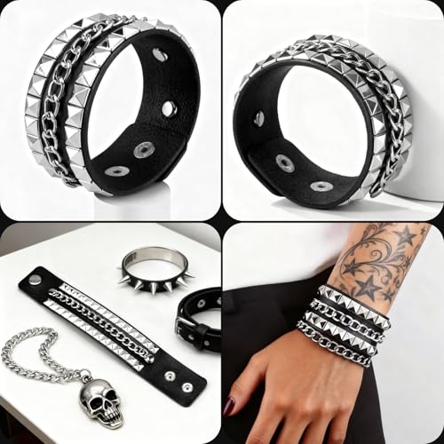 4 Pcs Leather Cuff Bracelets for Men with Spiked Cross Studded Stars Charms - color: Black-Stars Studs