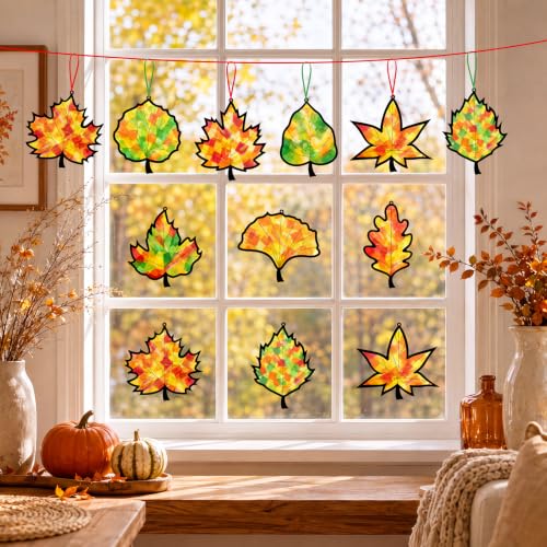 48PCS Fall Crafts Bulk: Leaves Paper Suncatchers DIY Kit for Autumn Thanksgiving Activities Decorations, Window Stained Glass Effect Art Supplies(Black,Style 2) - style: fall leaves black frame
