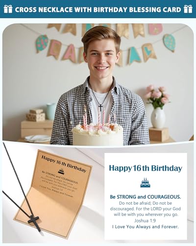 Birthday Gift Cross Necklace for Boy 8–30 Year Old with Joshua Card - style: 16th birthday