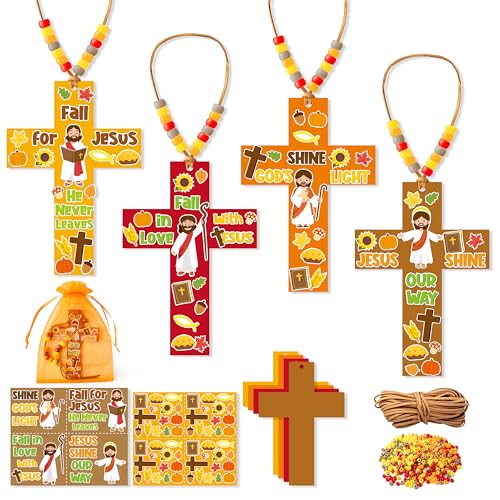 BeYumi Fall Cross Necklace Craft - 28Pcs Fall Religious Cross Necklace Craft Kit for Kids DIY Sticker and Beads Ornament Autumn Thanksgiving Decor Sunday School Classroom Party Christian Favors - style: Fall