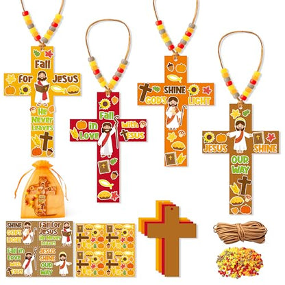 BeYumi Fall Cross Necklace Craft - 28Pcs Fall Religious Cross Necklace Craft Kit for Kids DIY Sticker and Beads Ornament Autumn Thanksgiving Decor Sunday School Classroom Party Christian Favors - style: Fall