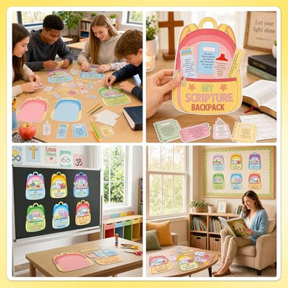 12 Sets Back to School Religious Craft Kits DIY Spiritual Backpack Bible Craft Make Your Own Backpack Cutouts with Pockets for First Day Sunday School Christian VBS Church Home Crafts Activity Supply
