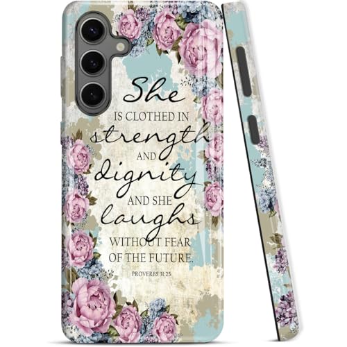 Compatible for Samsung Galaxy A15 5G Case, 2 Layer Hard Shell Silicone Cover 2 in 1 Shockproof Protective Phone Case,Bible Verse Proverbs 31:25,Purple Flowers - color: Bible Verse Proverbs 31:25,Purple Flowers, size: A15