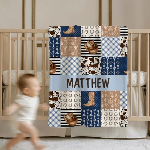 Personalized Cowboy Baby Blanket, Western Desert Cactus Theme Design, Custom Name Toddler Kids Throw, Rustic Nursery Bedding Decor, Baby Gift Idea - color: Cowboy Baby Blanket