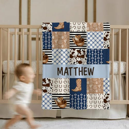 Personalized Cowboy Baby Blanket, Western Desert Cactus Theme Design, Custom Name Toddler Kids Throw, Rustic Nursery Bedding Decor, Baby Gift Idea - color: Cowboy Baby Blanket
