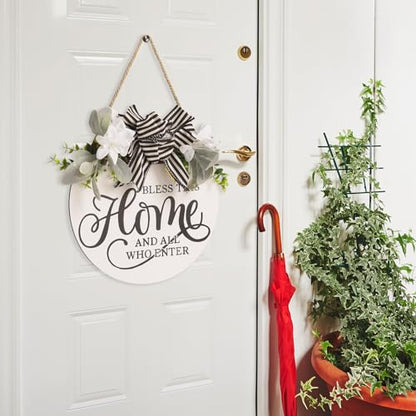 Welcome Sign for Front Door, 11.8 Inch Bless This Home and All Who Enter Sign with Wreaths, Round Wood Wall Hanging Decor for Home Front Porch Outdoor