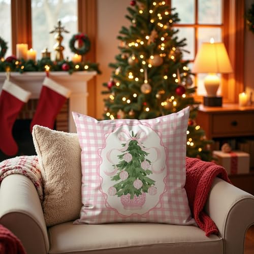 Pink Chinoiserie Christmas Tree Pillow Covers 18x18, Preppy Grandmillennial Christmas Decor, Coquette Xmas Pink and White Checkered Throw Pillow Covers for Girls Room Dorm Apartment - color: 10 Color