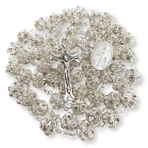 Nazareth Store Colorful Zirconia Crystal Beads Rosary Silver Catholic Necklace with Miraculous Medal Cross Crucifix Multicolor Rosaries in Velvet Bag - color: Clear