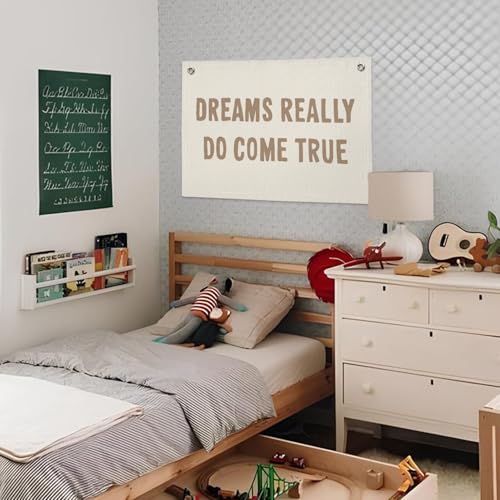 Motivational Positive Banner, Dreams Really Do Come True Linen Banner Wall Hanging Banner Flag Decor For Boy Girl Kids Room Nursery Playroom - color: Dreams Really Do Come True