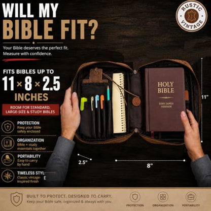 11 x 8 inch Genuine Leather Bible Cover for Men & Bible Case Women Organizer with Handle & Pocket Pen Holder Christian Religious Gift Cross Bookmark Bible Carrying Bag for Church Camel - color: Yellow Camel