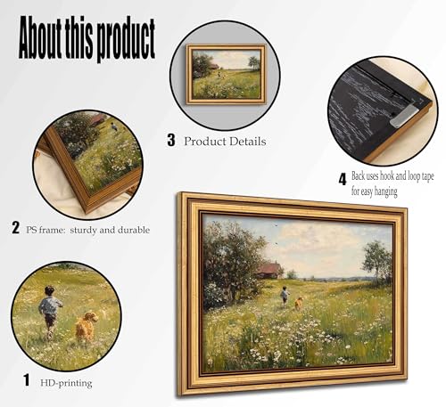 Gold Framed Vintage Canvas Wall Art Spring Meadow Wildflowers Landscape Painting Picture Wall Decor Farmhouse Boy Dog Poster Print Artwork for Living Room Bedroom Bathroom Home Decoration - color: Meadow Wildflowers, size: 11"L x 9"W