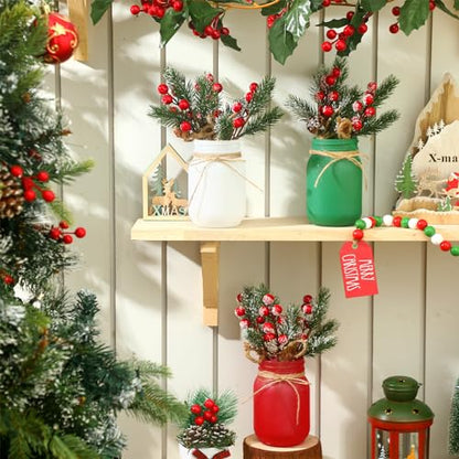 Karenhi 16 Pcs Christmas Mason Jar Centerpieces Pine Berries,Pine Needles
