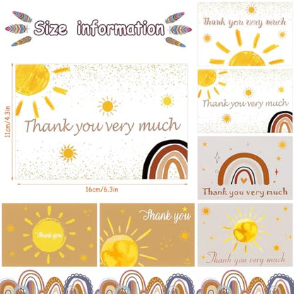 60 Pieces Here Comes the Son Boho Sun Baby Shower Thank You Cards,Includes 30 Pieces Envelopes and 30 Pieces Sunshine Blank Cards with Boho Stickers for Birthday Party Supplies - color: sun
