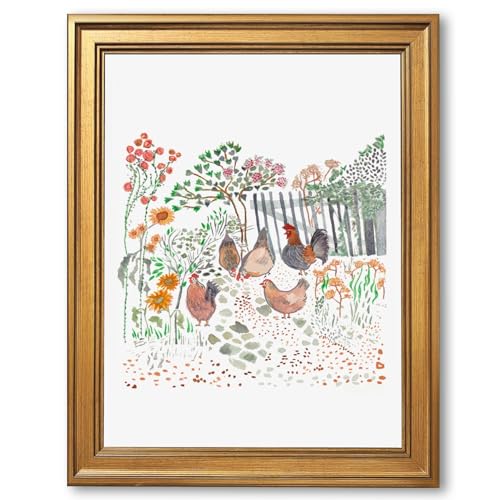 Framed Cottagecore Chicken Wall Art Painting Farmhouse Hens Print Rustic Country Farm Illustration Picture Poster Vintage Pastoral Canvas Artwork Aesthetic Cottage Home Kitchen Room Decor 24x36inch - color: 3-Farmhouse Hens, size: 24"L x 36"W