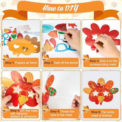 24 Sets Thanksgiving Turkey Masks Craft Kits DIY Turkey Face Mask Craft Kit - color: Turkey Masks