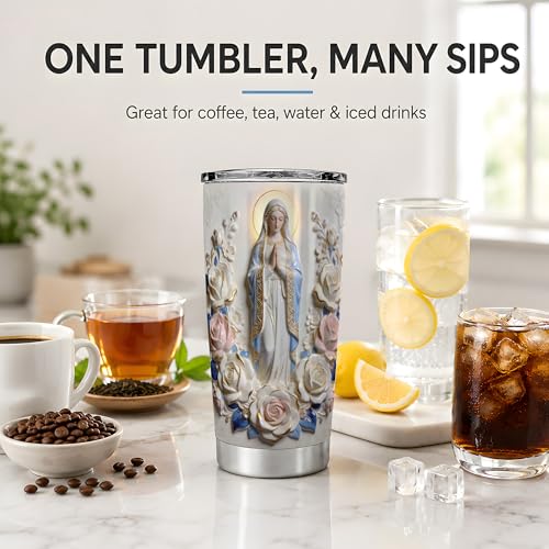 Virgin Mary Blue Rose Statue Art 20oz Tumbler, Virgin Mary Tumbler for Daily Drinkware, Halo Floral Frame Illustration, Catholic Devotional Cup, Religious Design for Women Men Use - color: Virgin Mary 1
