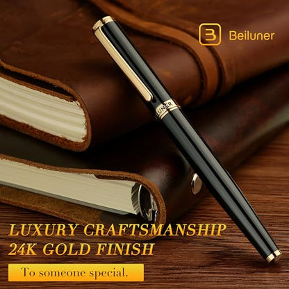 BEILUNER Luxury Rollerball Pen,24K Gold Trim,Noble and Elegant Designs,Schneider Ink Refill, Best Roller Ball Pen Gift Set for Men & Women, Professional, Executive Office, Nice Pens - color: ,Black and Gold