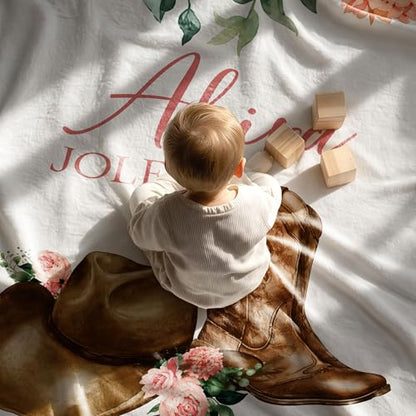 Personalized Western Pink Cowgirl Baby Blanket, Cute Pony Boots Bow Pattern, Custom Name Toddler Kids Throw, Western Nursery Decor, Baby Girl Shower Gift - color: Western Pink Cowgirl Baby Blanket