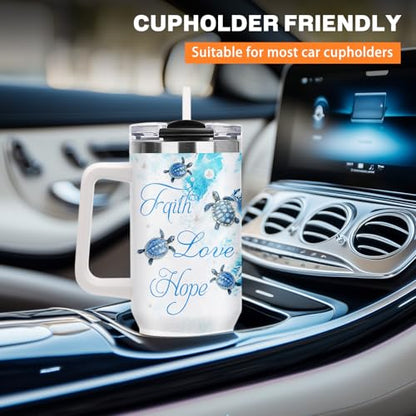 Christian Gifts for Women, 40oz Sea Turtle Tumbler with Straw Handle, Religion Faith Love Hope Stainless Steel Insulated Travel Mug Beverage Cups Present for Get Well Soon Birthday Spiritual Comfort - color: Sea Turtle-D-505-X