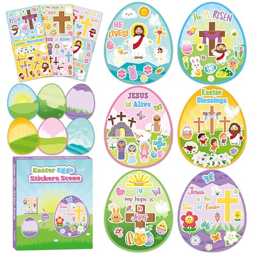 CY2SIDE Easter Egg Scene Sticker - 12 Set Religious Egg Stuffers Sticker for School Rewards, Make Your Own Easter Jesus Cross Scene Activities - style: Easter egg