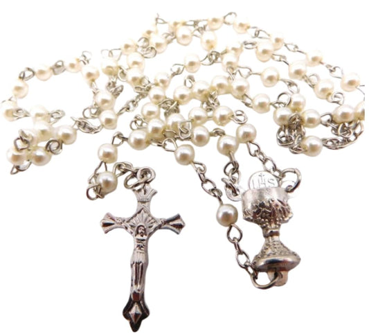 Westmon Works First Communion Rosary and Booklet Set with Chalice Centerpiece, Glass Beads, and Crucifix Deluxe Catholic Keepsake for Girls in Metal Snap Case