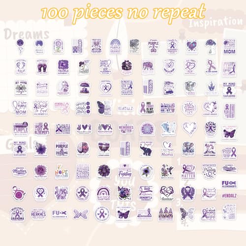 100 Pcs Alzheimers Awareness Stickers, Purple Ribbon Dementia Decals - color: Alzheimer's Dementia