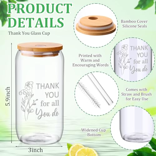 Ziliny 24 Set Thank You Gifts Bulk Employee Appreciation Gifts for Staff Christmas Coworker 16 oz Glass Cups with Lids and Straws with Gift Box Ribbon for Friends Nurse Teacher(Floral and Team) - style: Floral and Team