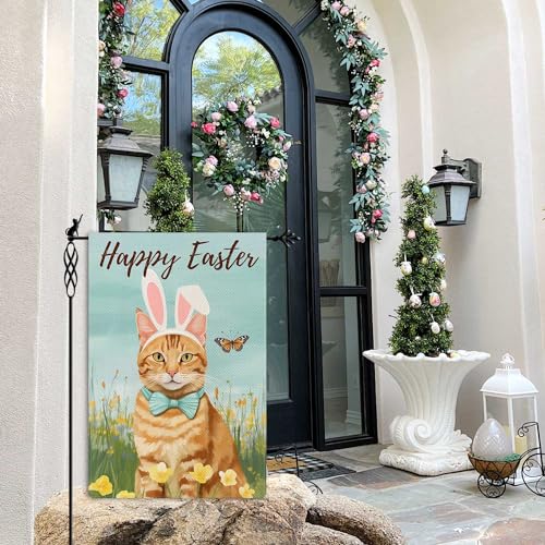 Happy Easter Garden Flag Cute Cat Garden Flag Kitty Bunny Ear Vertical Double Sided Rustic Farmland Burlap Yard Lawn Outdoor Decor 12.5x18" - color: Easter Cute Cat #WQ103