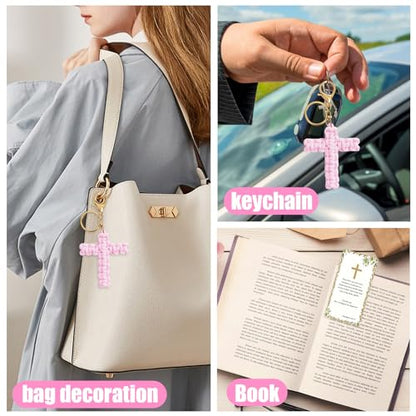 6 Set Cross Keychains, Christian Religious Keychains Bulk With Cards Organza Bags, Communion & Confirmation Presents - color: Pink