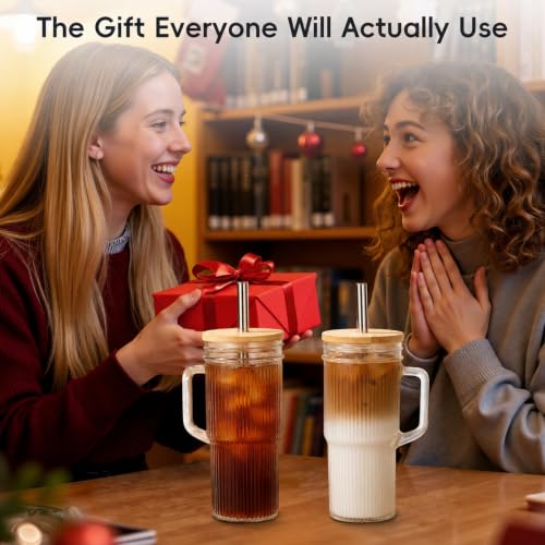 JunVpic Glass Tumbler, 24 oz Ice Coffee Cups with Bamboo Lid and Handle - color: Clear-Ribbed, size: 24oz