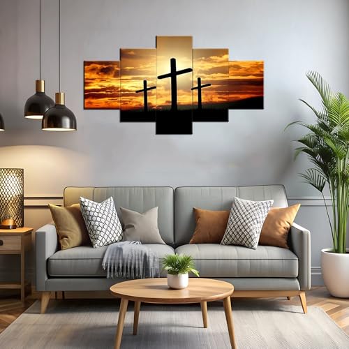 ARNLRDYA Three Crosses Wall Decor Christ Cross on Sunset Picture Canvas Art HD Print Cross Silhouette Wall Art Painting for Home Bedroom Decoration Poster with Frame Ready to Hang(60''Wx32''H) - color: Artwork-0011