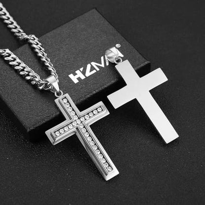 HZMAN Cross Necklace for Men Stainless Steel Cross with Cubic Zirconia Inlay Pendant Necklace with 7mm Cuban Chain 24In - color: Silver