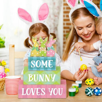 4 Pcs Easter Bunny Table Sign Wooden Table Decor Farmhouse Holiday Sign Easter Tabletop Centerpieces Spring Wood Blocks Tiered Tray Decor for Home Kitchen(Dot Bunny) - style: Dot Bunny
