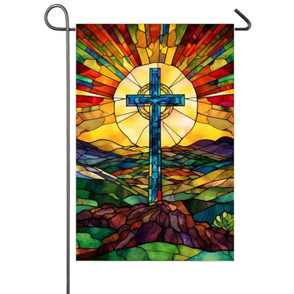 Christian Cross Garden Flag 12x18 Inch Double Sided Easter Religious Garden Flag Small Burlap Banner Yard Lawn Porch Outdoor Decor
