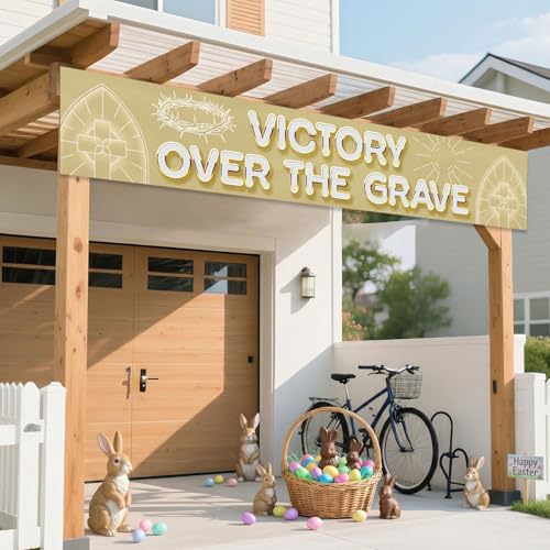 Victory Over The Grave Banner Religious Easter Yard Sign Christian Cross Decoration Resurrection Sunday Outdoor Decor Jesus Christ Fence Backdrop Church Celebration Spiritual Ornament