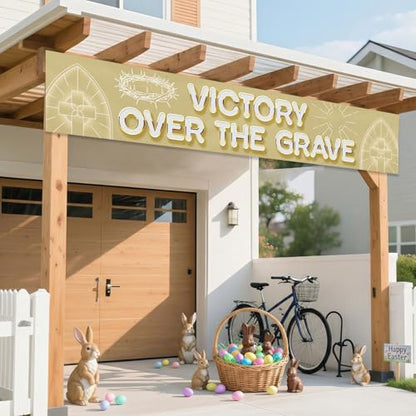 Victory Over The Grave Banner Religious Easter Yard Sign Christian Cross Decoration Resurrection Sunday Outdoor Decor Jesus Christ Fence Backdrop Church Celebration Spiritual Ornament