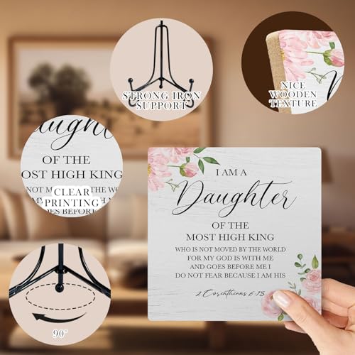 Christian Wooden Desk Sign, I Am a Daughter of the King Bible Verse Religious Wood Plaque With Stand for Girls Room Dorm Nursery Bedroom Home Desk Tabletop Shelf Decor