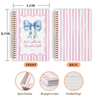 Grace Yonks Cute Pink and Blue Bow Bibles Journal Notebook, A5 Christian Spiral Notebook, Aesthetic Composition Book for Girls, Preppy School Supplies, 5.8" x 8.3" with 80 Pages(006)
