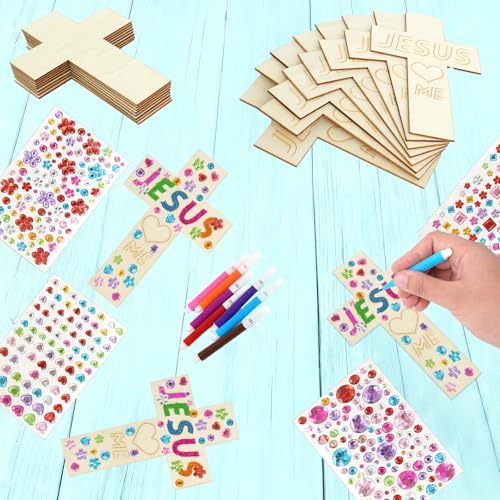 LECEHIVO 40 Pieces Wood Cross Crafts with Stickers Watercolor Pens Acrylic Paint and Paint Brushes DIY Wooden Cross for School Kids Christian Jesus Bible Sunday Vacation Crafts Supplies