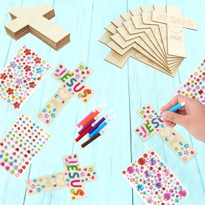 LECEHIVO 40 Pieces Wood Cross Crafts with Stickers Watercolor Pens Acrylic Paint and Paint Brushes DIY Wooden Cross for School Kids Christian Jesus Bible Sunday Vacation Crafts Supplies
