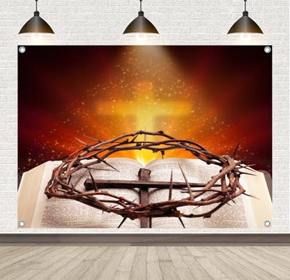 10x8ft Fabric Crown of Thorns with Bible Photography Backdrop Biblical Religious Background for Church Sanctuary Christianity Banner Decorations Photo Studio Props - size: 10x8FT